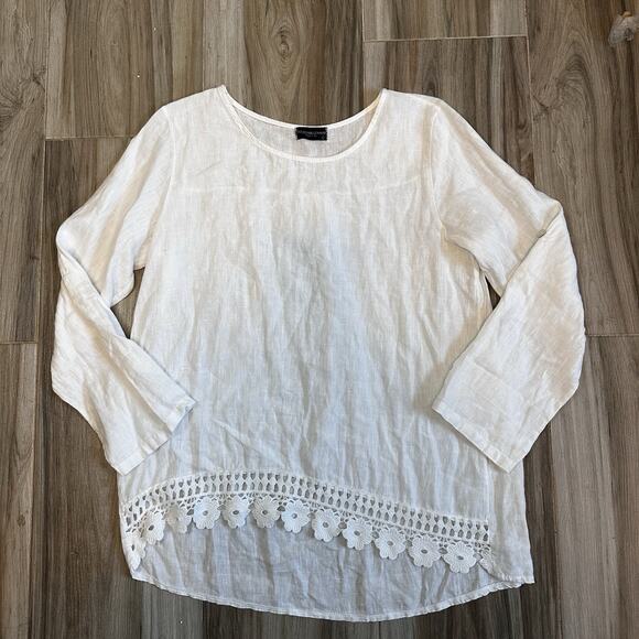 Terzo Millennio Womens White L Linen Blouse Crocheted Knit Trim‎ Hi Lo Hem Boho - Picture 1 of 8